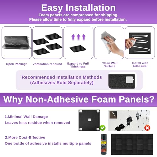 52 Pack Acoustic Foam Panels,1" x 12" x 12"Acoustic Wedge Studio Foam Sound Absorption Wall Panels (Black/Purple) - color: 52 Pack 26 Black+26 Purple, size: 12” x 12" x 1"