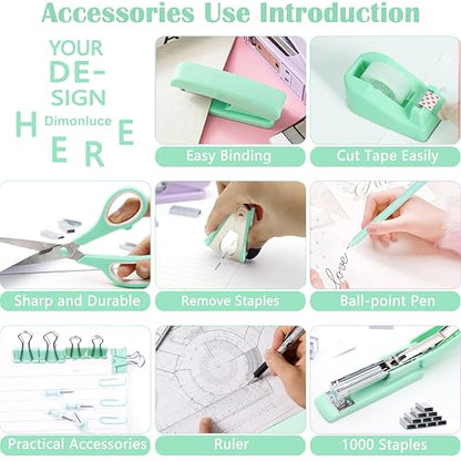 Dimonluce Green Office Supplies, Teal Desk Accessories Accessories with Tape Dispenser, Stapler, Staple Remover, 1000 Staples, Tape, Clips Set, Ruler, Scissor, Pen - color: Green