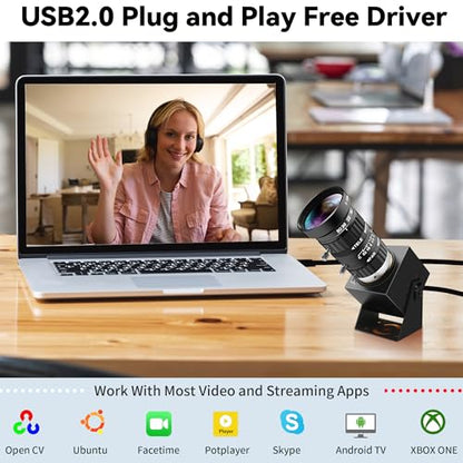 48MP USB Webcam 8K Ultra HD Color Camera with 5-50mm 10X Manual Optical Lens 6000P Industrial Security Video Camera Close-Up Zoom Function Plug-and-Play for Windows, Linux, Mac OS