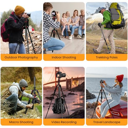 MACTREM 67" Travel Tripod - 360° Ball Head for Cameras | Aluminum alloy, 67" height, 360° ball head, lightweight, for DSLR/mirrorless, smartphone, iPad, binoculars - size: 68 inch