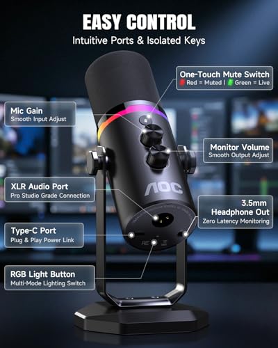AOC USB/XLR Dynamic Microphone for PC Gaming & Podcasting, Dual-Mode Studio Streaming Mic with RGB Light, Quick Mute, Volume/Gain Control Knob, Heavy-Duty Desk Stand, Type-C & XLR Cables Included