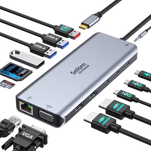 Selore USB C Docking Station Dual Monitor,Laptop Docking Station,14 in 1 Docking Station 3 Monitors with 2 HDMI,VGA,10G USB A/C,100W PD,6 USB A/C Ports,USB C Hub Multiport Adapter for Windows Laptops - color: Grey, size: 14-in-1