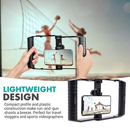 Movo SPR-20 Foldable Smartphone Video Rig Cage with Cold Shoe Mounts for Microphone or LED Light - Vlogging Mount Compatible with iPhone, Android - Smartphone Video Stabilizer Grip - Filming Equipment
