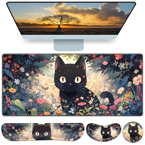 Mouse Pad Anime, Mouse Pad with Wrist Rest, 4-in-1 XXL Large Desk Mat Kawaii Mousepad with Gel Wrist Support Keyboard Wrists Rest Coaster, Ergonomic Gaming Cat Desk Pad, Funny Cute Office Accessories - color: Flowers&Cat