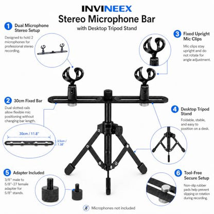 2 Mic Stereo Bar with Desktop Tripod Stand | Dual-microphone recording kit with 30cm stereo bar, desktop tripod, and adapter for XY, ORTF, and NOS recording.