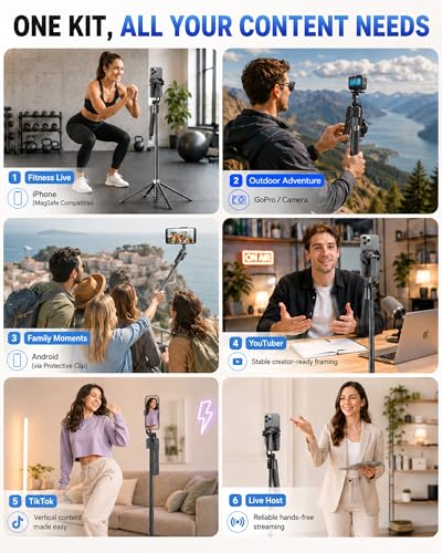 Oldshark 71" Auto Face Tracking Tripod, 1-Sec Quick Setup Magnetic Tripod for iPhone, No App Needed 360° Rotating Phone & Camera Tripod, Content Creator Essentials for TikTok YouTube - color: Black