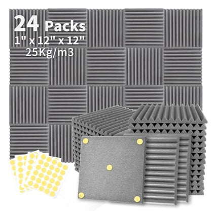 Focusound 24 Pack Grey Acoustic Foam Panels 1" x 12" x 12" Sound Proof Foam Panles Soundproofing Noise Cancelling Wedge Panels for Home Office Recoding Studio with 240PCS Double-Side Adhesive - size: 24 Pack Grey