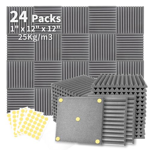 Focusound 24 Pack Grey Acoustic Foam Panels 1" x 12" x 12" Sound Proof Foam Panles Soundproofing Noise Cancelling Wedge Panels for Home Office Recoding Studio with 240PCS Double-Side Adhesive - size: 24 Pack Grey