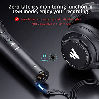 MAONO USB/XLR Dynamic Microphone for Podcast Recording, Computer PC Mic with Noise Suppression, Headphones Jack, Compatible Mixers & Audio Interfaces for Home Studio, Vocal, Music, Streaming, HD300T