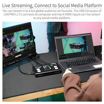 FEELWORLD LIVEPRO L1 V1 Multi Camera Video Mixer Switcher 2 Inch LCD Display 4 x HDMI Inputs USB 3.0 Output Format Real Time Production Live Streaming Lightweight