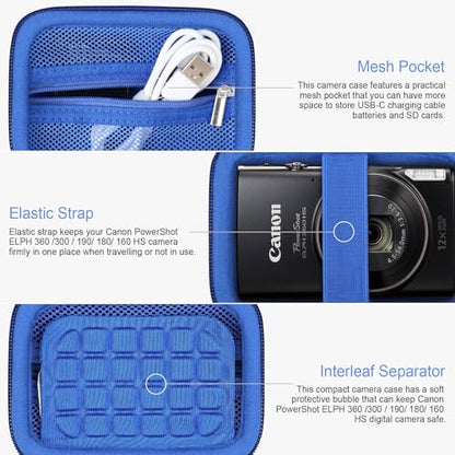 RAIALL Carrying Case for Canon PowerShot ELPH 360 HS A/IXY 650/ Canon IXUS 285 HS/Sony DSCW830/ CAMKORY/VAHOIALD Digital Camera, Vlogging Camera Travel Bag, Mesh Pocket for Batteries, Blue - color: Blue