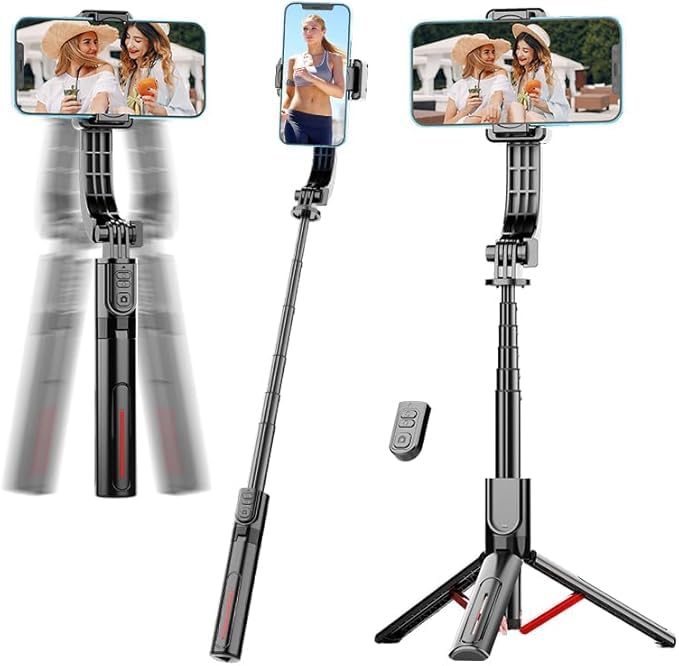 Phone Gimbal Stabilizer for Phone, Selfie Stick & Tripod with Remote Control | One-Touch Horizontal/Vertical Switch & 360 Rotation | Portable Design