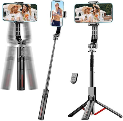 Phone Gimbal Stabilizer for Phone, Selfie Stick & Tripod with Remote Control | One-Touch Horizontal/Vertical Switch & 360 Rotation | Portable Design