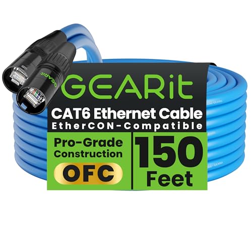 GEARit Shielded CAT6 Ethercon Cable (150 Feet) Professional Audio & Lighting RJ45 EtherCON-Compatible Cable for Studio, Stage, Concerts - 150ft Blue - color: Blue, size: 150 Feet