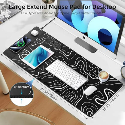 Mouse Pad with Wireless Charging, Gaming Mouse Pad with Ultra-Smooth Surface, Large XXL Desk Mat, Non-Slip Mouse Mat, Waterproof Computer Keyboard Pad for Gaming, Desk, Office, PC, 800x400x4MM, Black - color: Black and Topographic Line - 31.5"x15.7"