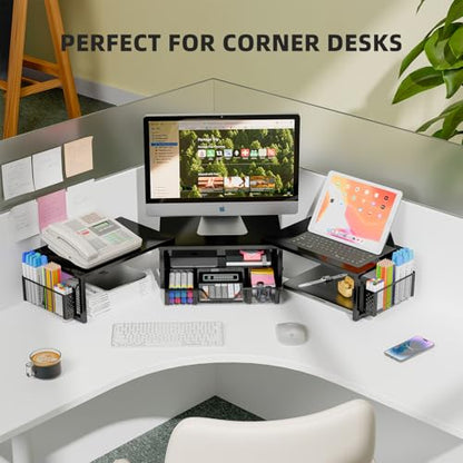 Simple Trending Dual Monitor Stand Riser with Drawer and 2 Pen Holders, Desk Organizer with Storage, Black
