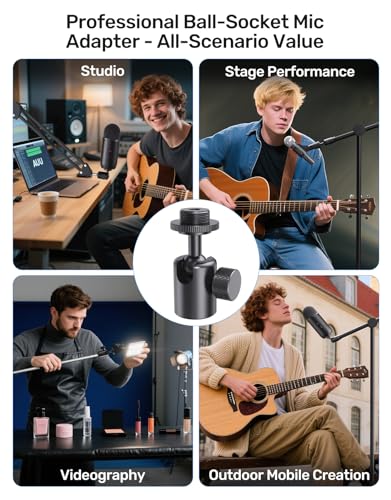 Ball and Socket Head Microphone Adapter with Angle Adjustment [All Metal], Universal Mic Stand Adapter for Audio Studio & Live Performance Mic Setups with 5/8" & 3/8'' Adapters
