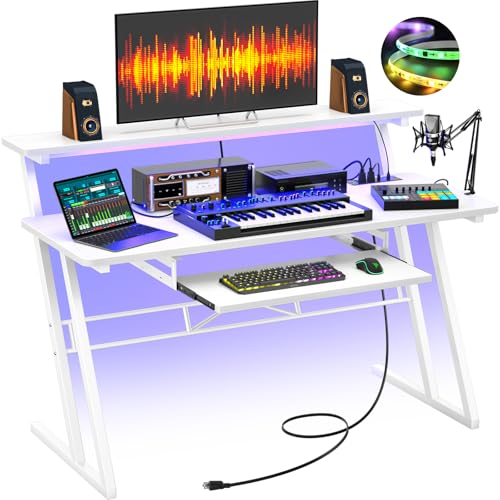 Armocity Music Studio Desk Production Workstation - Recording Studio Desk for Producer with Power Outlet & RGB LED Lights, Studio Workstation for Music Recording, Home Studio Table Desks, White - color: Rgb Lighting White (White Legs)