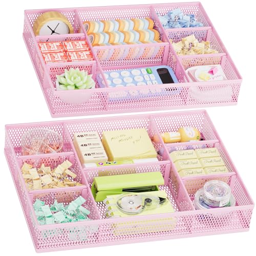 Marbrasse 2 Pack Desk Drawer Organizer, Mesh Drawer Organizer Tray with 8 Adjustable Compartments, Desk Organizers and Accessories, 5 Dividers Drawer for Office Supplies, Makeup & Vanity (Pink) - color: Pink