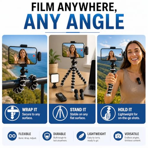 Acuvar Vlogging Kit for iPhone & Android with Wireless Microphone – Flexible Tripod Stand with LED Light, Phone Mount, Remote & Carry Case for TikTok, YouTube & Content Creators