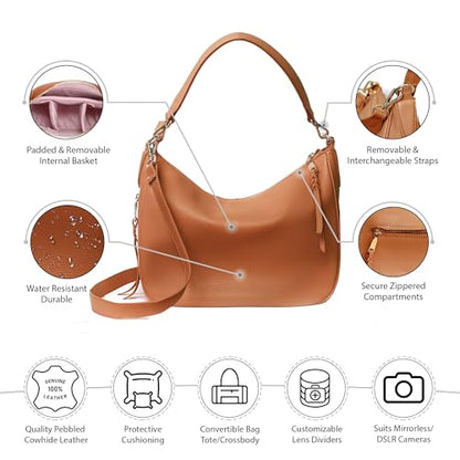 Meliae Camera Bag for Women, DSLR Mirrorless Camera Purse, Leather Shoulder Crossbody Hobo Travel Tote - color: Brown