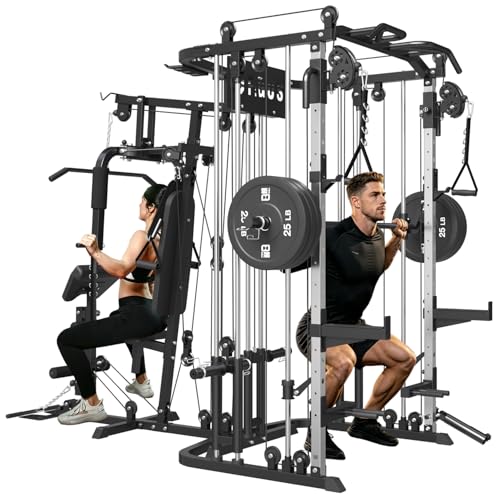 All in One Home Gym System Workout Station, Multi-Function Smithe Machine Power Cage with Cable Crossover System, Tripe-Sided Independent Load Posts, Functional Trainer for Full Body Training - color: Black, style: Home Gym Station