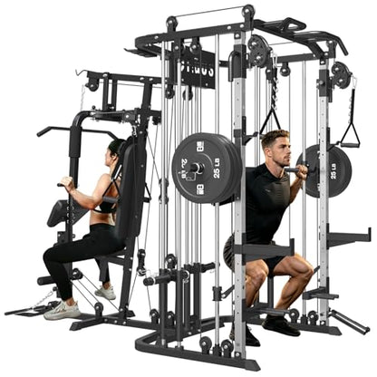 All in One Home Gym System Workout Station, Multi-Function Smithe Machine Power Cage with Cable Crossover System, Tripe-Sided Independent Load Posts, Functional Trainer for Full Body Training - color: Black, style: Home Gym Station