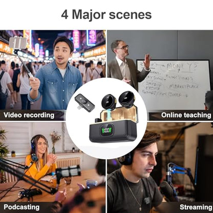 Magnetic Wireless Lavalier Mic for Android, iPhone(2 TX+1 RX+Charging Case), 2.4GHz Intelligent Noise Cancellation, 82ft Range, 360° Adjustable Microphone for Video Recording, Podcast, Interview