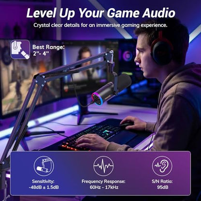 TONOR Dynamic Gaming Microphone, XLR/USB Mic Streaming, AI Noise Cancellation, Controlable RGB, Tap Mute, 3.5mm Headphone Jack, Volume Control, Microfono with Boom Arm, Black, TD510 AIR S H+