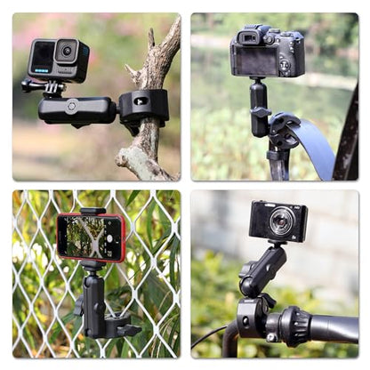 SOONSUN Super Clamp Mount with Dual 360° Ball Heads & Phone Holder, Heavy-Duty Camera Clamp Mount for GoPro Hero 13 12 11 10 9, Insta360, DJI Osmo, DSLR, Smartphones & Action Cameras