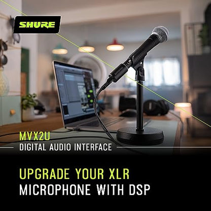 Shure MVX2U XLR-to-USB Digital Audio Interface, Headphone Jack, 60dB Gain, Zero-Latency Monitoring, 48V Phantom Power, ShurePlus App, USB-C Cable