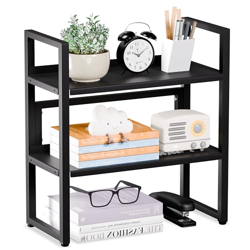 Brakki Desk Shelf Organizer, 2-Tier Desktop Bookshelf, Small Office Shelf | Adjustable Shelf, Metal Desktop Rack for Dorm, with Foot Mat, Multi-Functional Organization, Black - color: Black
