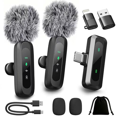 Upgraded 2 Pack Mini Clip on Microphone With LED Display, Wireless Lavalier Microphone for iPhone, HD Noise Cancelling, Portable Lapel Mic for Recording Video Podcast Vlogg Content Creator interview - color: Black, style: For USB-C Port & Lightning Port &