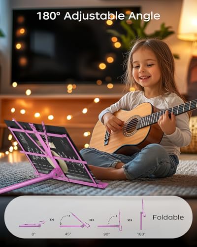 K KASONIC - Music Stand, 2 in 1 Dual-Use Folding Sheet Music Stand & Desktop Book Stand, Portable, Lightweight with Music Sheet Clip Holder & Carrying Bag Suitable for Instrumental Performance (Pink) - color: 1 Pack Pink