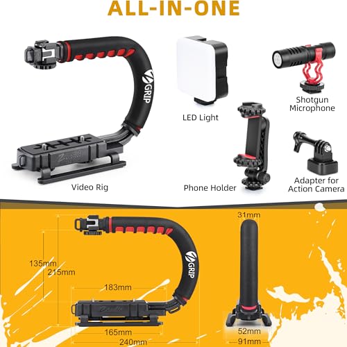 Zeadio Video Handheld Stabilizer, All-in-One Camera Handle Grip Rig Kit with Dimmable LED Video Light, Microphone, Phone Holder, Action Camera Adapter for Filmmaking Vlogging YouTube TikTok etc - style: Pro Kit