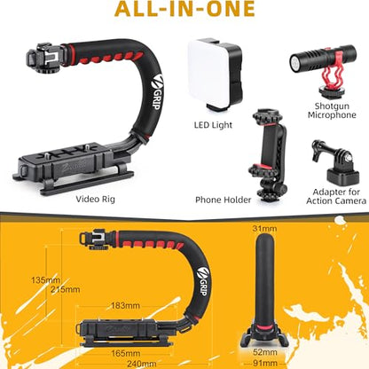 Zeadio Video Handheld Stabilizer, All-in-One Camera Handle Grip Rig Kit with Dimmable LED Video Light, Microphone, Phone Holder, Action Camera Adapter for Filmmaking Vlogging YouTube TikTok etc - style: Pro Kit