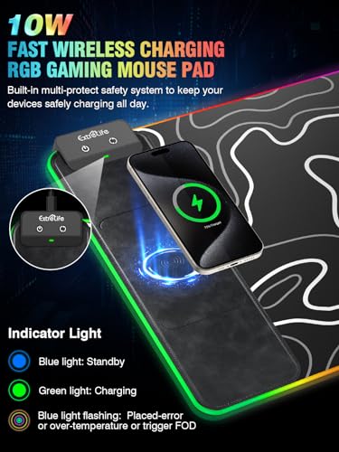 Wireless Charging RGB Gaming Mouse Pad, 31.5"x15.7" XXL Large Desk Mat, Desk Pad for Gamer, 9 Light Modes, Non-Slip Rubber Base, Waterproof, Computer Keyboard Mat, Black - color: Black-white Topographic Line