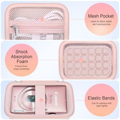 Elonbo Carrying Case for Canon PowerShot ELPH 360 HS A/ 360 HS/ 360/ IXY 650 Digital Camera, Canon PowerShot ELPH 330/190/160/115/130/110 Camera Hard Travel Bag, Mesh Pocket fits Battery Cable, Pink - color: Pink