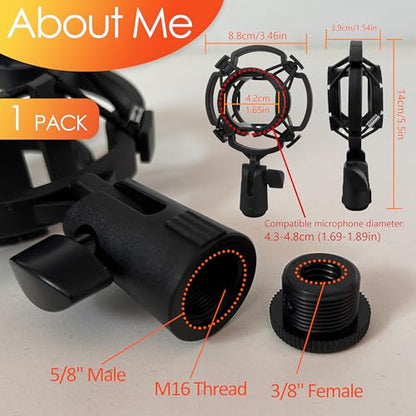 Microphone Shock Mount 1 PACK, Mic Holder Clip for 43-48mm/1.69~1.9in Diameter Condenser Microphone, 3/8 or M16 Internal Thread, with 5/8" Male to 3/8" Female Screw Adapter, Easy to Use (Black) - size: 1 Pack