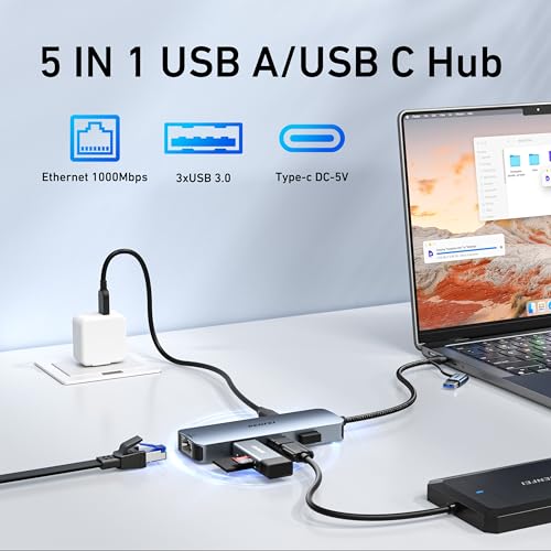 BENFEI USB-C to Gigabit Ethernet Adapter with 3-Port USB 3.0 Hub, RJ45 Network Adapter Compatible with MacBook Pro/Air, iPad Pro, iMac, Galaxy S23, XPS 17, Surface Book 3 - style: USB sideways