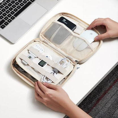 Travel Cable Organizer, Tech Pouch Electronics Organizer Travel Case, Portable Lightweight All-in-One Storage Bag for Cords, Charger, Phone, USB Cables, Hard Drive, Flash Drive (Beige, Large)