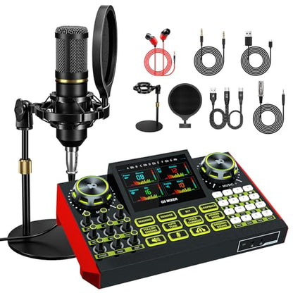 Podcast Microphone Bundle with Live Sound Card Audio Mixer, Podcast Equipment Bundle Sound Board with 3.5mm Condenser Microphone for Pc/Phone Live Streaming Singing Gaming,Voice Changer, Denoise - color: Black Mic+G9 Audio mixer