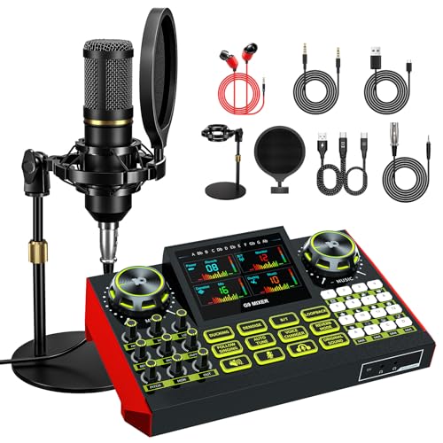 Podcast Microphone Bundle with Live Sound Card Audio Mixer, Podcast Equipment Bundle Sound Board with 3.5mm Condenser Microphone for Pc/Phone Live Streaming Singing Gaming,Voice Changer, Denoise - color: Black Mic+G9 Audio mixer