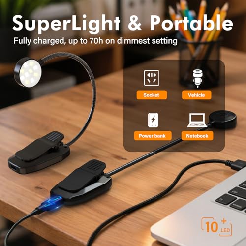 KTEBO 2 Pack Rechargeable Book Light Clip-On Reading Light for Books in Bed | 9 eye-friendly modes from 3 color temperatures and 3 brightness, USB-C up to 30 hrs - Black & Black - color: Black&Black