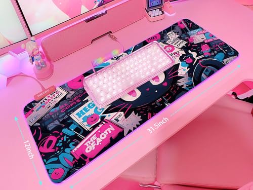 JMIYAV Pink RGB Gaming Mouse Pad 31.5x12 Inch PC XL Large Extended Glowing Led Light Up Desk Pad Non-Slip Rubber Base Computer Cute Mousepad Mat Desk Accessories Gaming Setup 104 - color: Cyber Meow