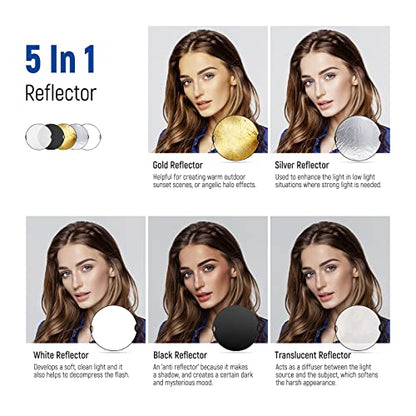 NEEWER 43"/110cm Light Reflector with Handle Grip with 3/8" Thread, 5 in 1 Collapsible Disc Light Diffuser Translucent/Silver/Gold/White/Black for Photography Lighting, Outdoor Lighting, RF-110II - style: 110cm