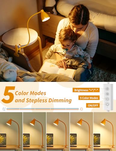 BOHON Clip on Light, Desk Lamp with Clamp, 5 Color 10 Brightness Yellow | Flexible Neck Clip Lamp, 10W 38 LED, Auto Off Timer, Desk Lights for Office Home Bed Bedside Reading, Bright Yellow - color: Bright Yellow