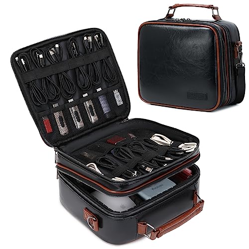 KYALOU Electronics Travel Organizer, Large Electronic Accessories Cable Case with Adjustable Dividers, Waterproof Tech Storage Bag Gifts with Double Layers for Cord, Charger, Power Bank - Black - color: Black