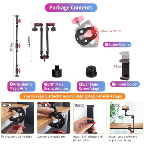 22" Articulating Magic Arm Camera Mount, Desk Clamp Overhead Mount | Anti-deflection lock, anti-slip pads, 0.55lb load, 1/4 3/8 5/8 adapters, aluminum, POV, light, phone, webcam, mic, vlogging