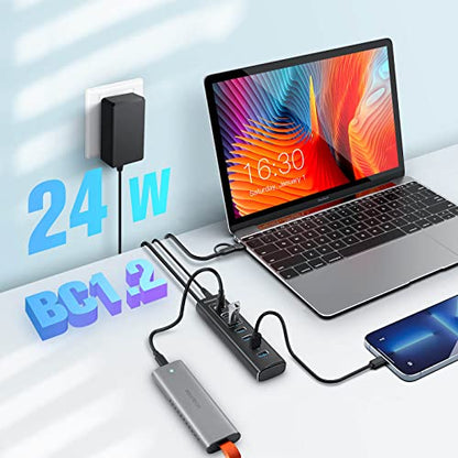 Powered USB Hub, Rosonway 7-Port USB 3.2/USB C Hub with 10Gbps USB-A 3.2, 2 USB-C 3.2, 4 USB 3.0 Ports, Individual Switches and 12V Power Adapter, Aluminum USB Port Expander for Laptop/PC, RSH-A107C - size: 7-Port Powered USB 3.2+USB 3.0 Hub